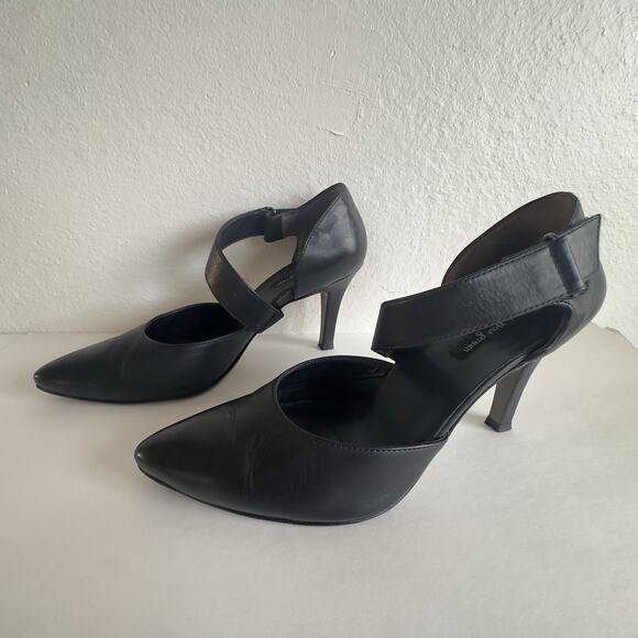 Paul Green Black Leather Mary Jane Heels 8.5 Adjustable Strap Pointed Toe 3.5 - Picture 3 of 11